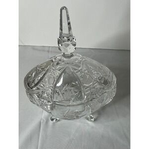Vintage Tall Crystal Candy Dish Footed w/ Lid Cut Glass Starburst Pattern‎ Heavy
